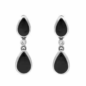 18ct White Gold Whitby Jet Diamond Double Pear Drop Earrings D