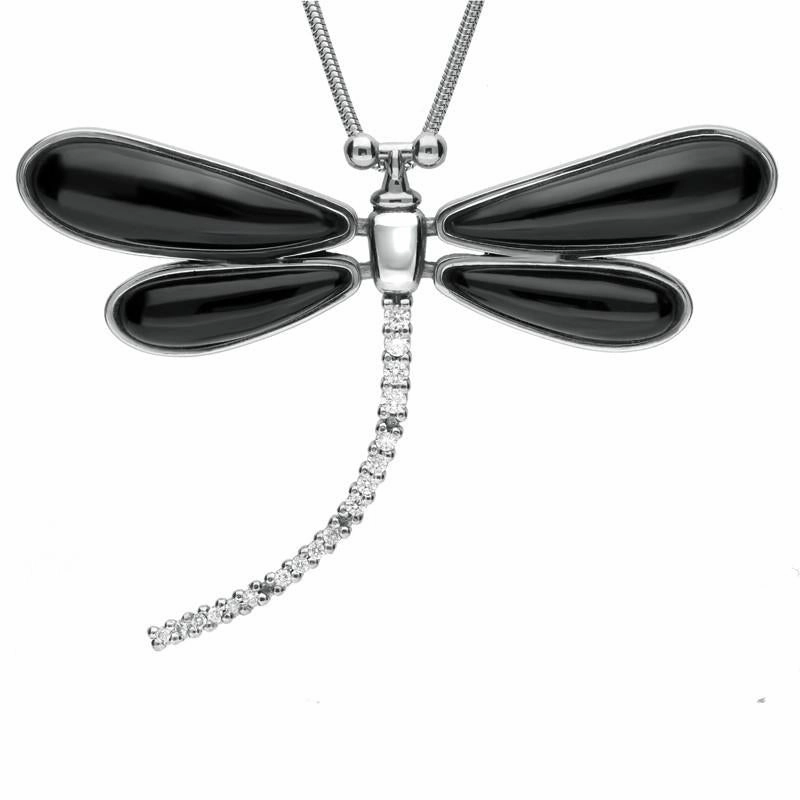 18ct White Gold Whitby Jet Diamond Dragonfly Necklace D