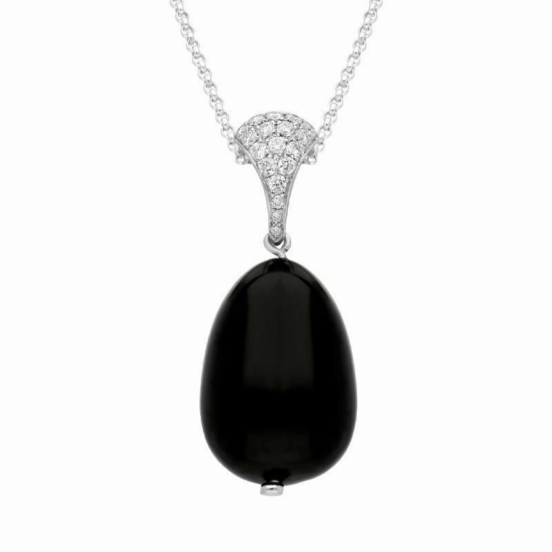 18ct White Gold Whitby Jet Diamond Egg Bead Pave Set Tapered Top Necklace D D