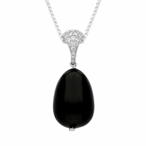 18ct White Gold Whitby Jet Diamond Egg Bead Pave Set Tapered Top Necklace D D