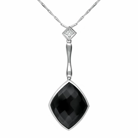 18ct White Gold Whitby Jet Diamond Faceted Cushion Necklace D