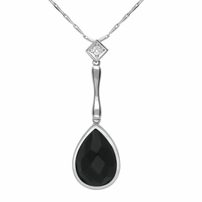 18ct White Gold Whitby Jet Diamond Faceted Pear Necklace D