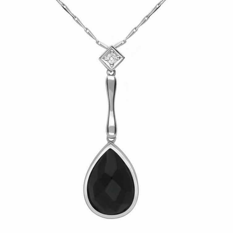 18ct White Gold Whitby Jet Diamond Faceted Pear Necklace D