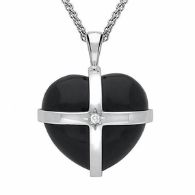 18ct White Gold Whitby Jet Diamond Large Cross Heart Necklace