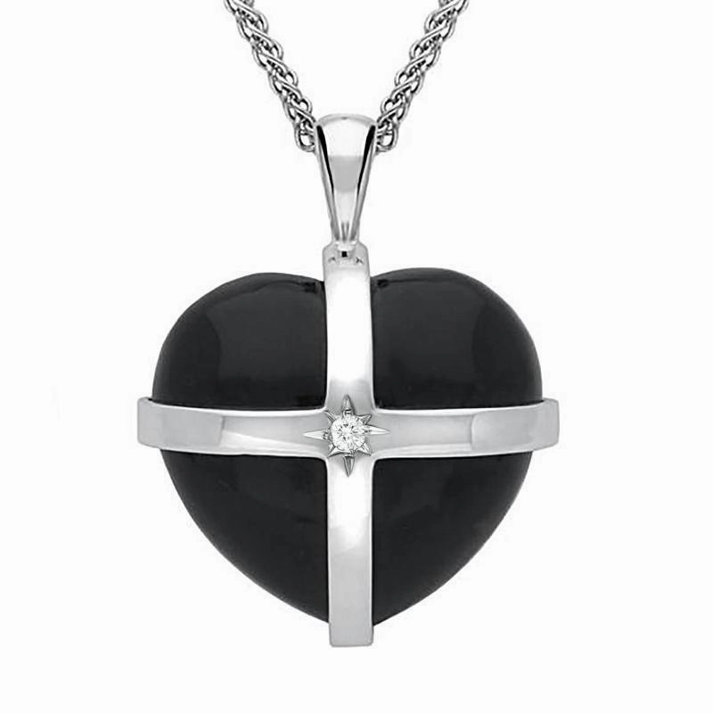 18ct White Gold Whitby Jet Diamond Large Cross Heart Necklace