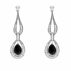 18ct White Gold Whitby Jet Diamond Loop Drop Earrings D