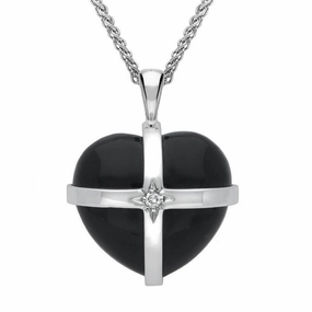 18ct White Gold Whitby Jet Diamond Medium Cross Heart Necklace