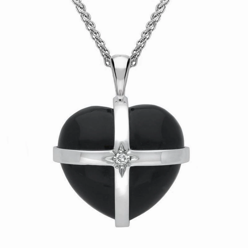 18ct White Gold Whitby Jet Diamond Medium Cross Heart Necklace