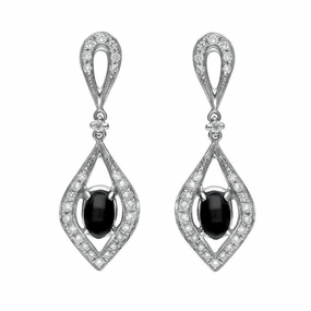 18ct White Gold Whitby Jet Diamond Open Curved Marquise Drop Earrings D