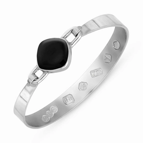 18ct White Gold Whitby Jet King's Coronation Hallmark Wide Cushion Bangle D