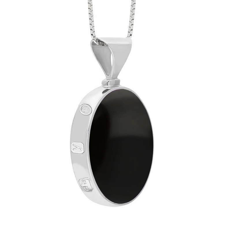 18ct White Gold Whitby Jet Lapis King's Coronation Hallmark Double Sided Oval Necklace D