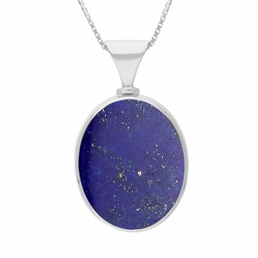 18ct White Gold Whitby Jet Lapis King's Coronation Hallmark Double Sided Oval Necklace D