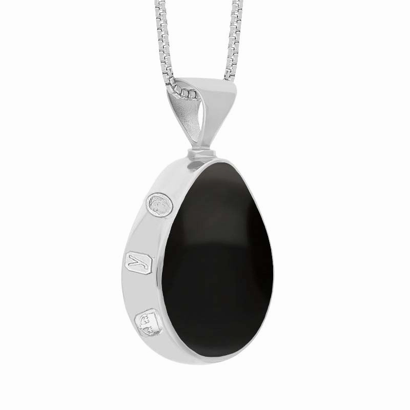 18ct White Gold Whitby Jet Lapis King's Coronation Hallmark Double Sided Pear-shaped Necklace D