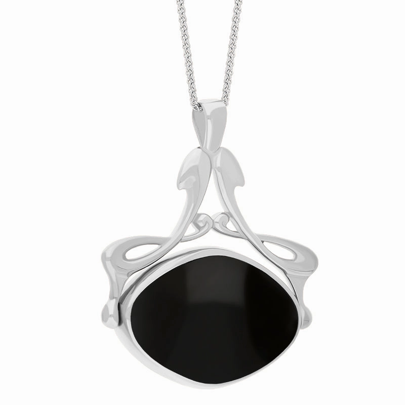 18ct White Gold Whitby Jet Lapis Lazuli Bell Diamond Swivel Fob Necklace