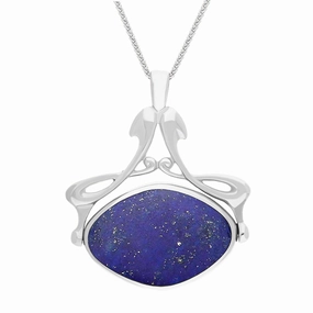 18ct White Gold Whitby Jet Lapis Lazuli Bell Diamond Swivel Fob Necklace
