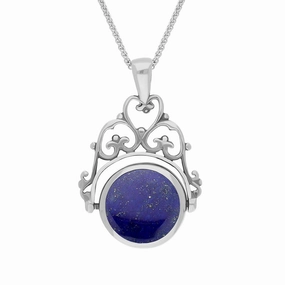 18ct White Gold Whitby Jet Lapis Lazuli Double Sided Round Swivel Fob Necklace