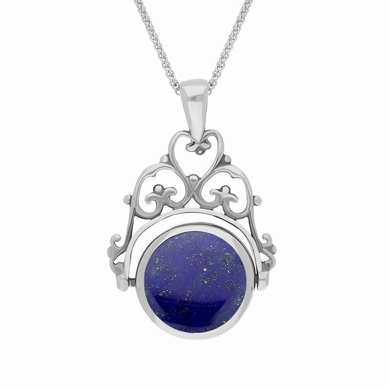 18ct White Gold Whitby Jet Lapis Lazuli Double Sided Round Swivel Fob Necklace