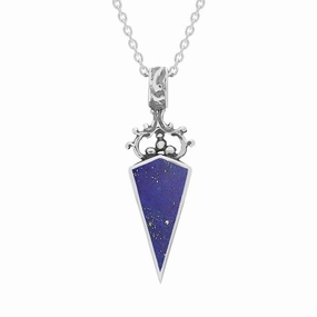 18ct White Gold Whitby Jet Lapis Lazuli Double Sided Scroll Dagger Fob Necklace