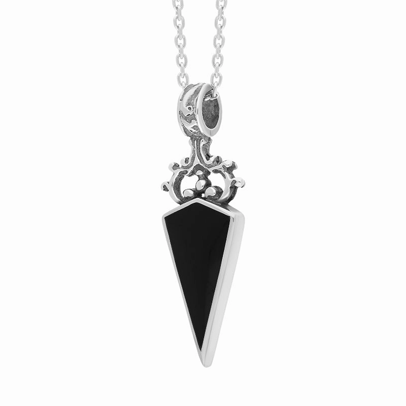 18ct White Gold Whitby Jet Lapis Lazuli Double Sided Scroll Dagger Fob Necklace