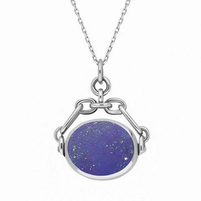 18ct White Gold Whitby Jet Lapis Lazuli Double Sided Swivel Fob Necklace