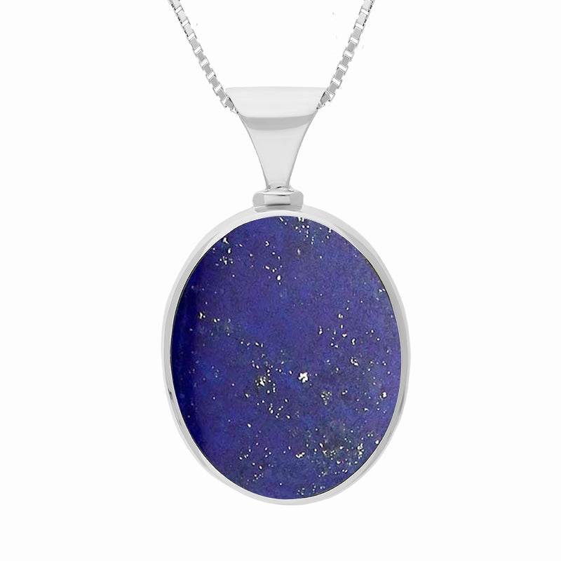 18ct White Gold Whitby Jet Lapis Lazuli Hallmark Double Sided Oval Necklace