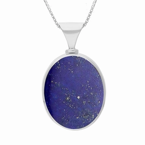 18ct White Gold Whitby Jet Lapis Lazuli Hallmark Double Sided Oval Necklace