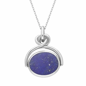18ct White Gold Whitby Jet Lapis Lazuli Oval Swivel Fob Necklace