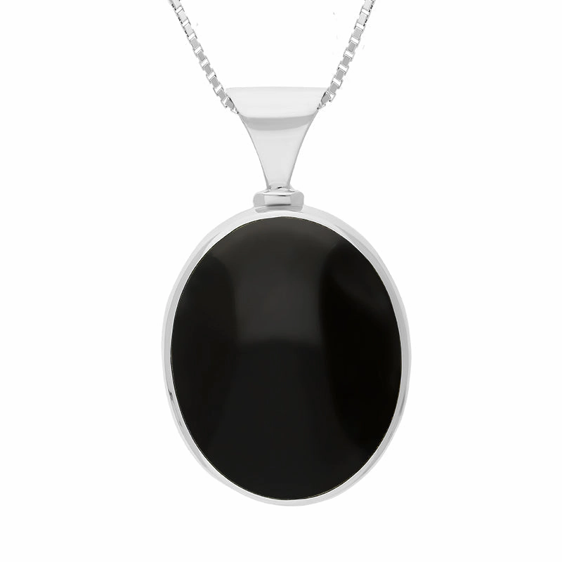 18ct White Gold Whitby Jet Lapis Lazuli Queens Jubilee Hallmark Double Sided Oval Necklace D