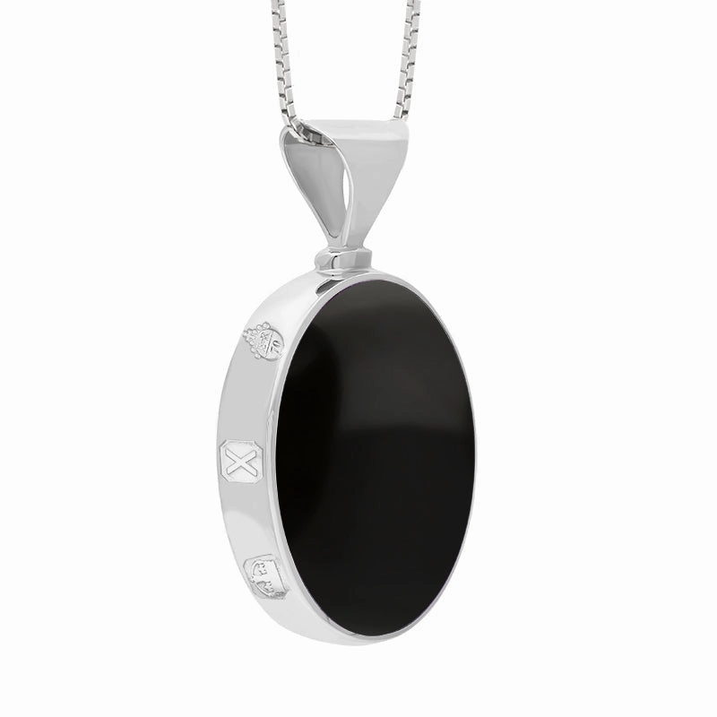 18ct White Gold Whitby Jet Lapis Lazuli Queens Jubilee Hallmark Double Sided Oval Necklace D
