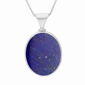 18ct White Gold Whitby Jet Lapis Lazuli Queens Jubilee Hallmark Double Sided Oval Necklace D