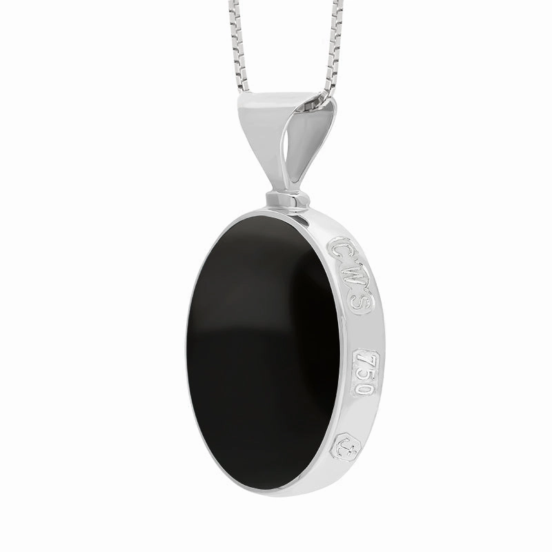 18ct White Gold Whitby Jet Lapis Lazuli Queens Jubilee Hallmark Double Sided Oval Necklace D