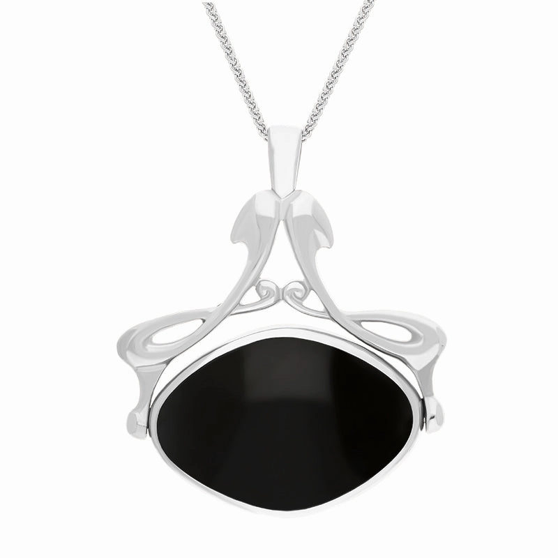 18ct White Gold Whitby Jet Malachite Bell Diamond Swivel Fob Necklace