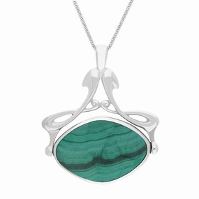 18ct White Gold Whitby Jet Malachite Bell Diamond Swivel Fob Necklace