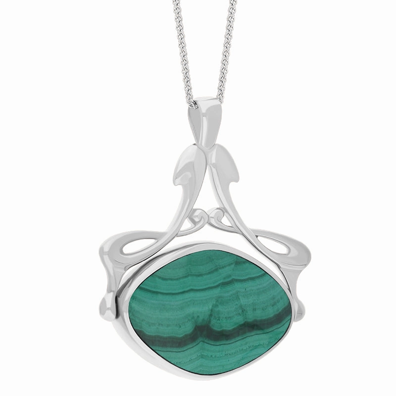 18ct White Gold Whitby Jet Malachite Bell Diamond Swivel Fob Necklace