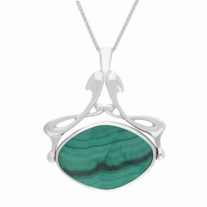 18ct White Gold Whitby Jet Malachite Bell Diamond Swivel Fob Necklace