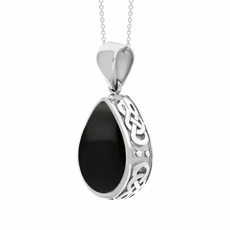 18ct White Gold Whitby Jet Malachite Double Sided Celtic Pear Cut Fob Necklace