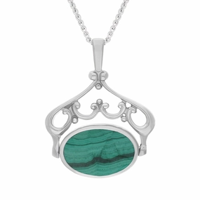 18ct White Gold Whitby Jet Malachite Double Sided Oval Swivel Fob Necklace