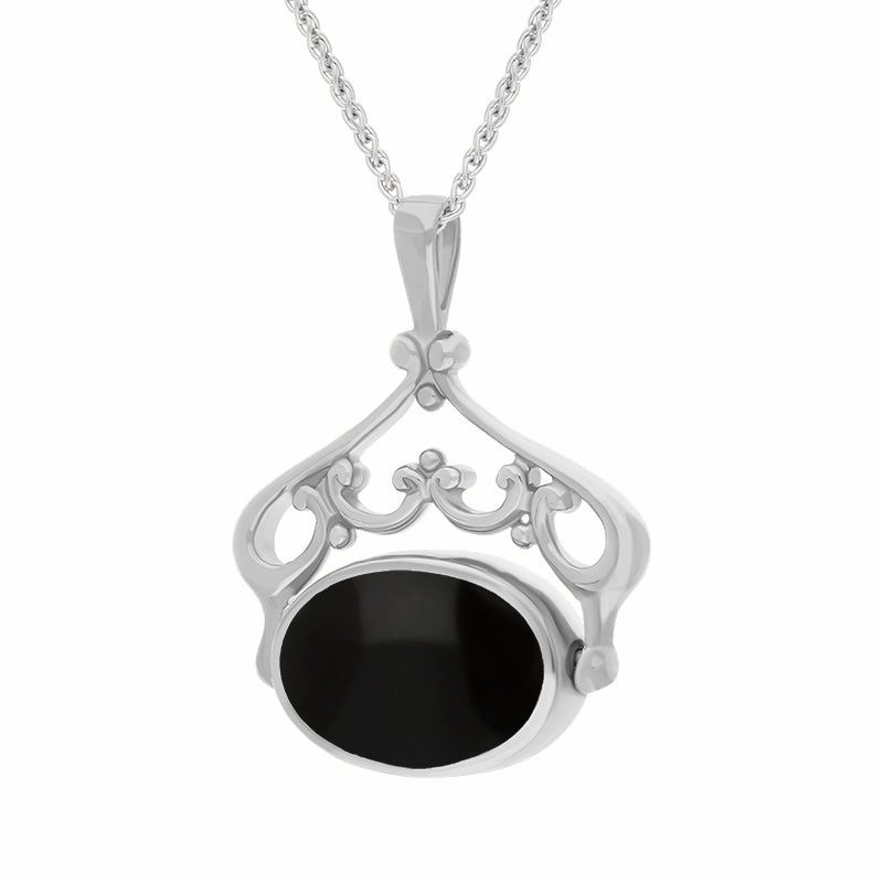 18ct White Gold Whitby Jet Malachite Double Sided Oval Swivel Fob Necklace