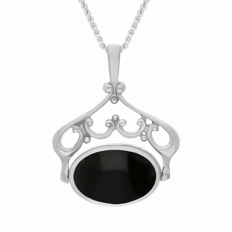18ct White Gold Whitby Jet Malachite Double Sided Oval Swivel Fob Necklace