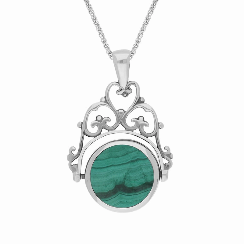 18ct White Gold Whitby Jet Malachite Double Sided Round Swivel Fob Necklace