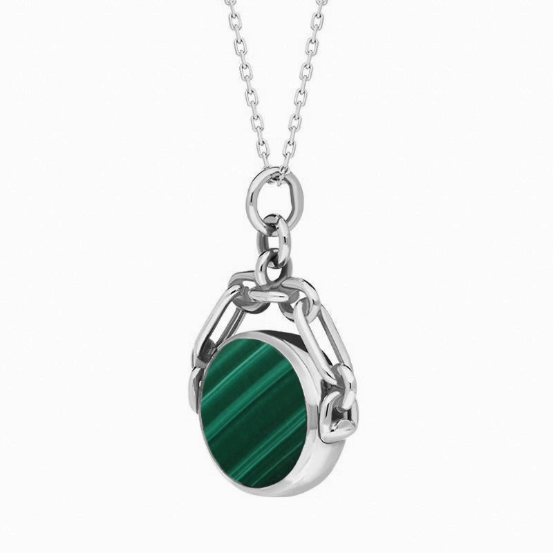 18ct White Gold Whitby Jet Malachite Double Sided Swivel Fob Necklace