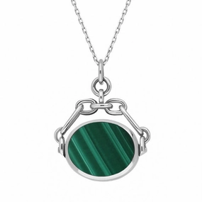 18ct White Gold Whitby Jet Malachite Double Sided Swivel Fob Necklace