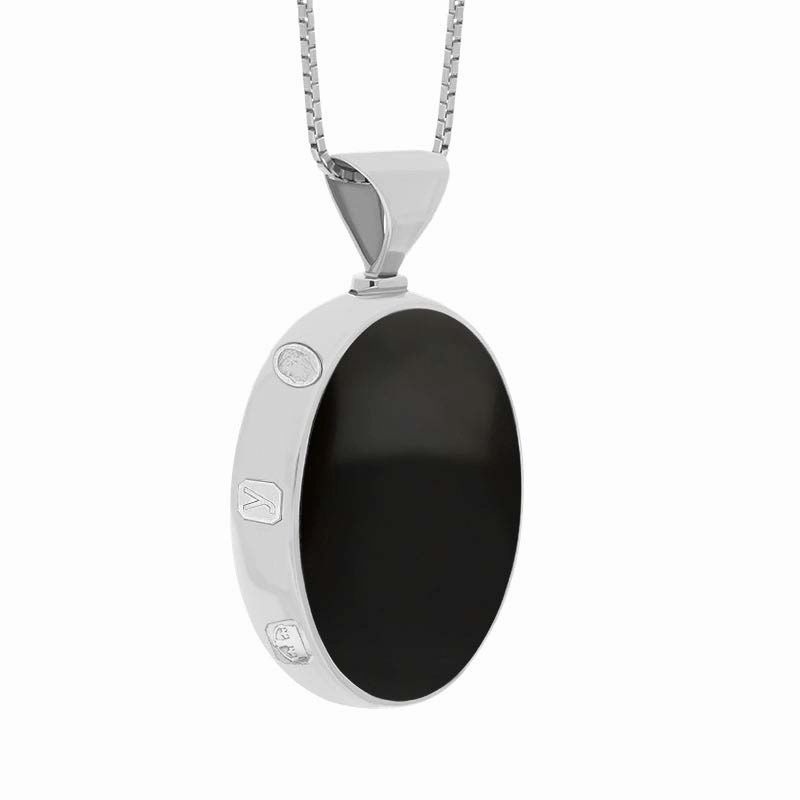 18ct White Gold Whitby Jet Malachite King's Coronation Hallmark Double Sided Oval Necklace D