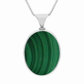 18ct White Gold Whitby Jet Malachite King's Coronation Hallmark Double Sided Oval Necklace D