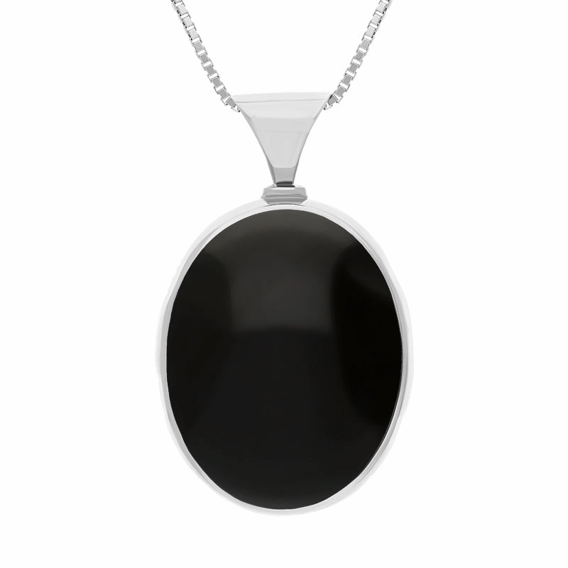 18ct White Gold Whitby Jet Malachite King's Coronation Hallmark Double Sided Oval Necklace D