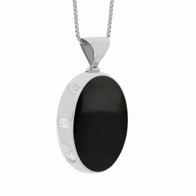 18ct White Gold Whitby Jet Malachite Queens Jubilee Hallmark Double Sided Oval Necklace D