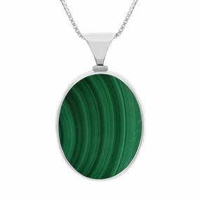 18ct White Gold Whitby Jet Malachite Queens Jubilee Hallmark Double Sided Oval Necklace D