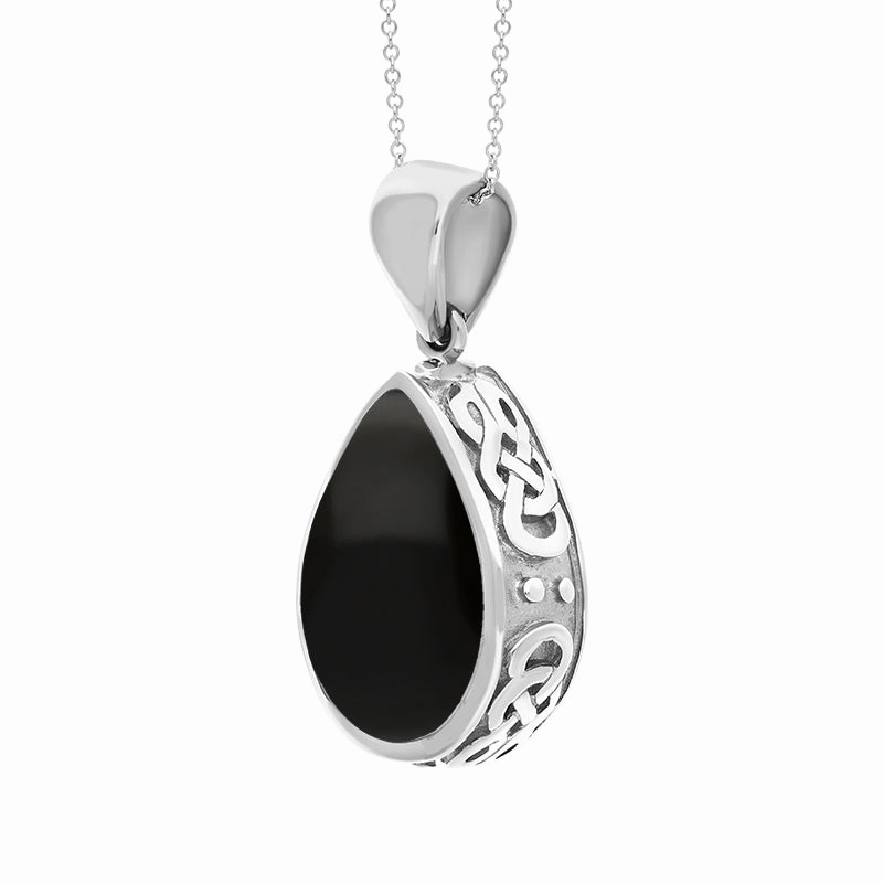 18ct White Gold Whitby Jet Mother Of Pearl Double Sided Celtic Pear Fob Necklace
