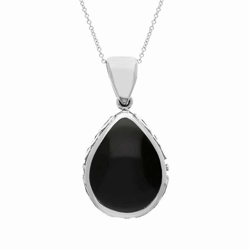 18ct White Gold Whitby Jet Mother Of Pearl Double Sided Celtic Pear Fob Necklace