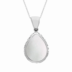 18ct White Gold Whitby Jet Mother Of Pearl Double Sided Celtic Pear Fob Necklace
